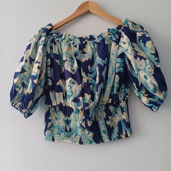 Antica Sartoria Tops - Antica Sartoria Blue Floral Off Shoulder Smocked Puff Sleeve Cotton Top NWT OS